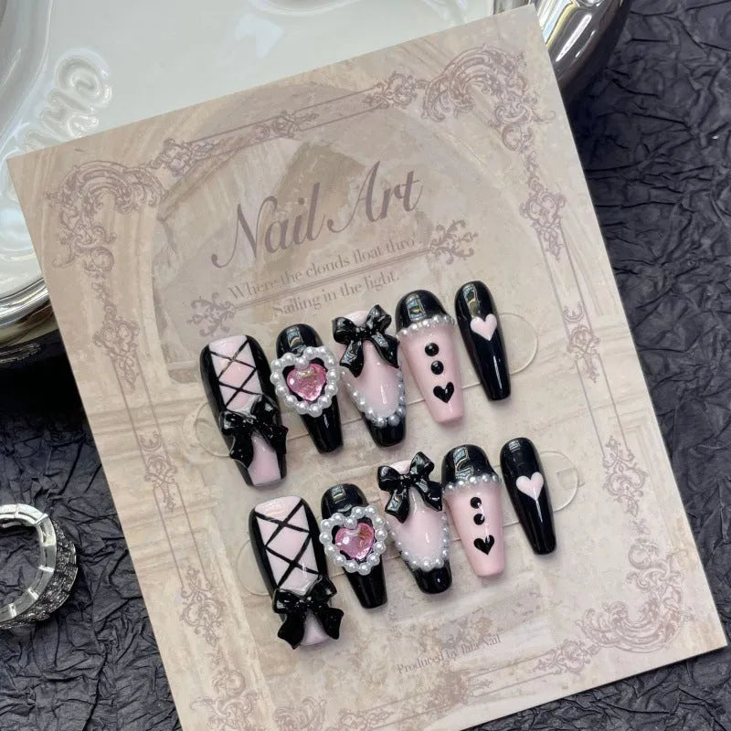 Black and pink heart-shaped hand-painted detachable manicure with bow pattern and Cat's Eye design