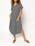 Button-front mid-length casual dress in solid colours with regular sleeves and polyester fabric