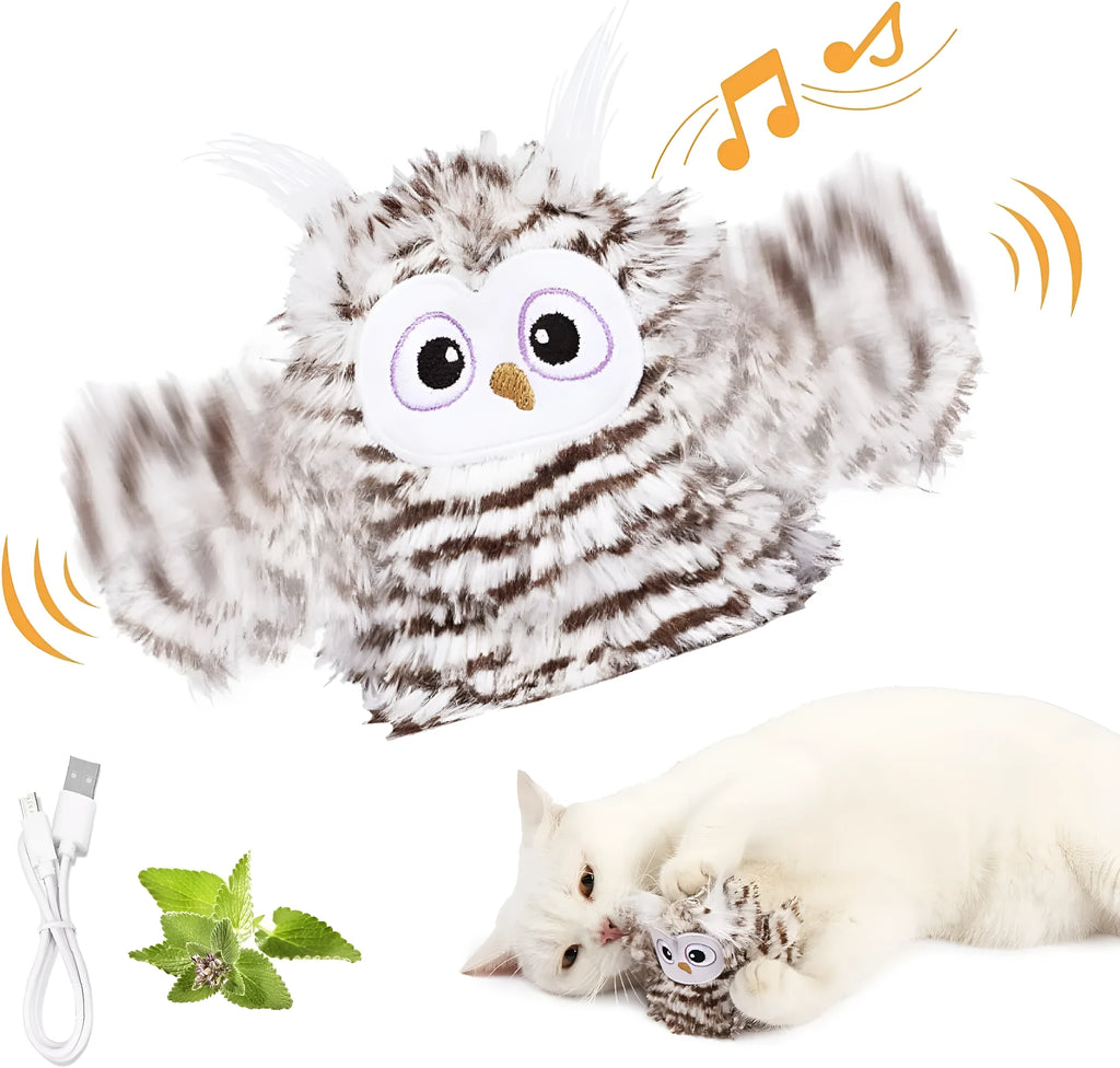 Grey automatic flapping owl cat toy with wings extended showing 10x14cm size