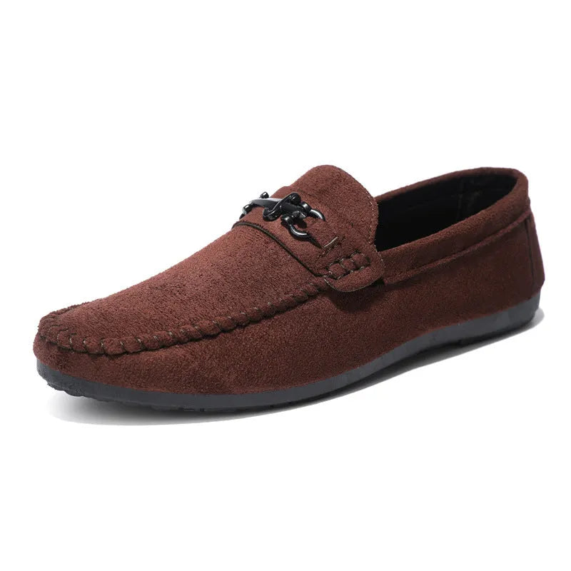 Men's black waterproof PU slip-on loafers with a round toe and low stiletto heel on a rubber sole.