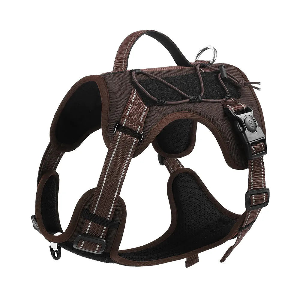 Reflective orange dog harness with black explosion-proof breast strap and full-hand grip rope