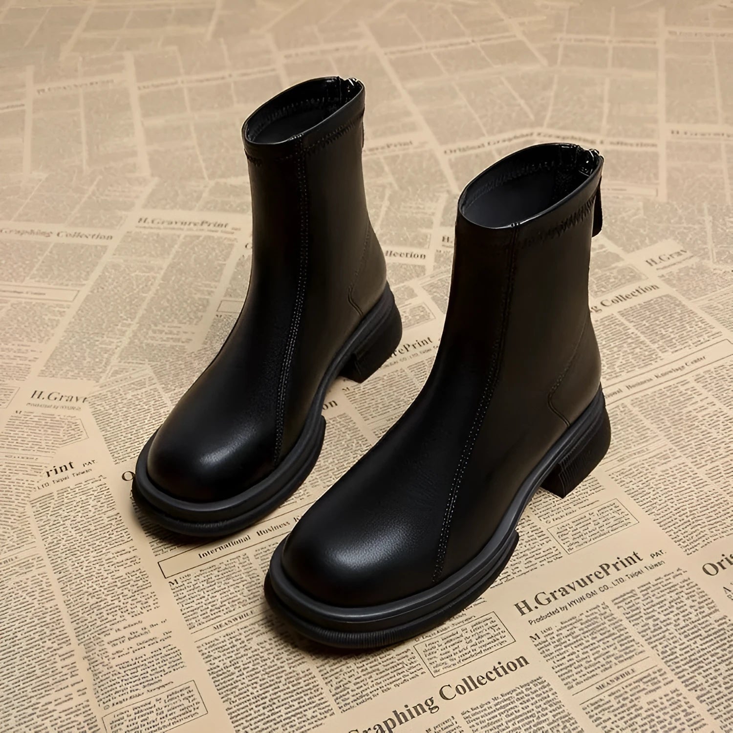 Women's flat heel ankle boots with back zip in artificial PU leather, round toe shape, rubber soles