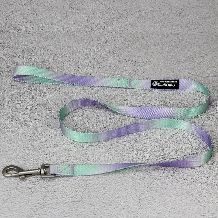 Gradient colour nylon pet leash set with dog collar and lead in pink blue yellow purple green combinations