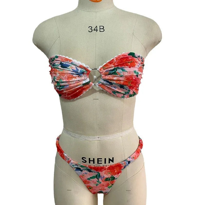 Floral print lace trim bikini set in blue colour, European style swimwear
