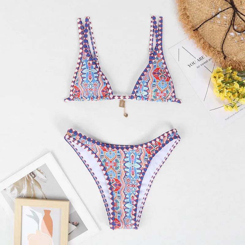 Retro floral print women's bikini swimwear in polyester available in four colours