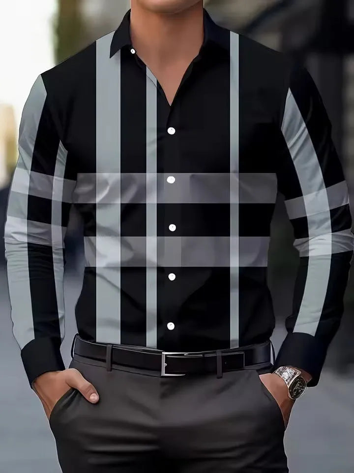 Men's striped long sleeve shirt with button lapel in a choice of colours