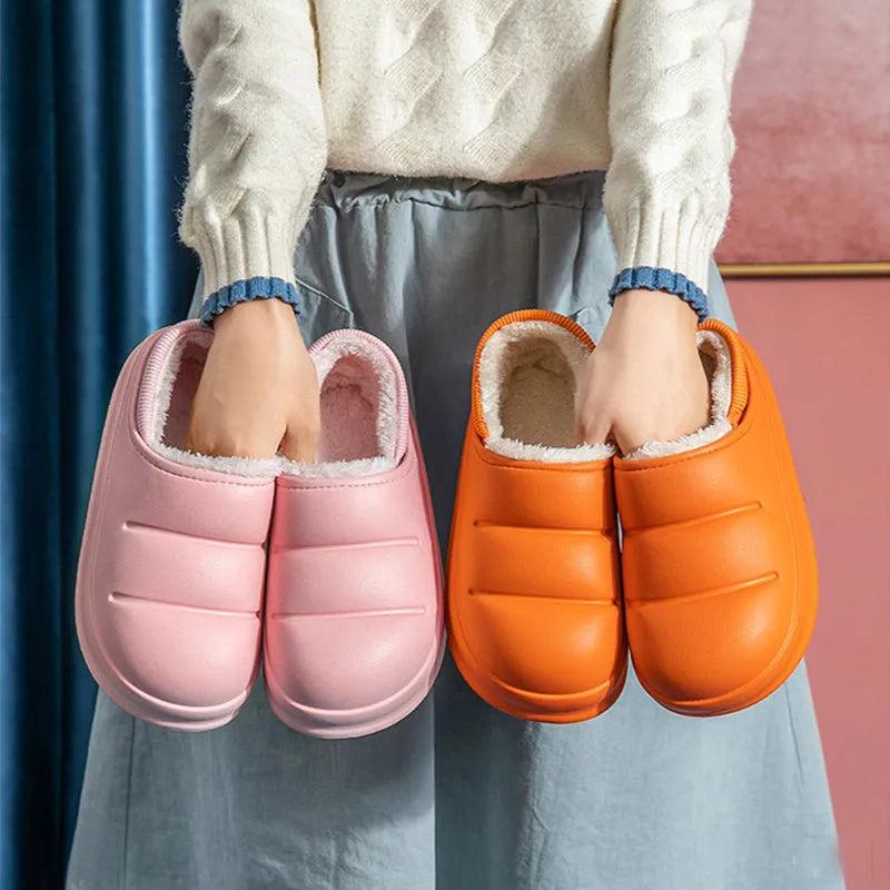 Women's waterproof EVA garden slippers in green, showing overshoe design with plush lining and non-slip sole.