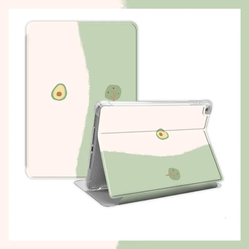 Literary avocado cartoon silicone protective case for multiple iPad models in book style with pen slot