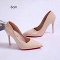 Women's pointed toe stiletto pump in a solid colour with a shallow cut, showing heel height options.