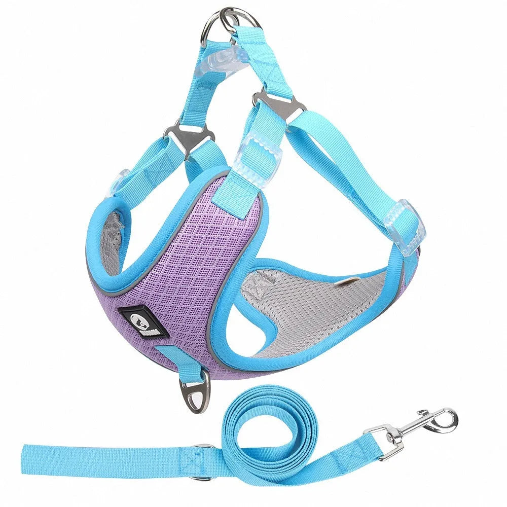 Adjustable breathable dog harness with reflective piping in black, red, grey, or light purple colour options