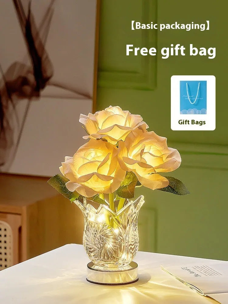 Modern crystal flower design bedside lamp with touch dimming control on a wooden table.