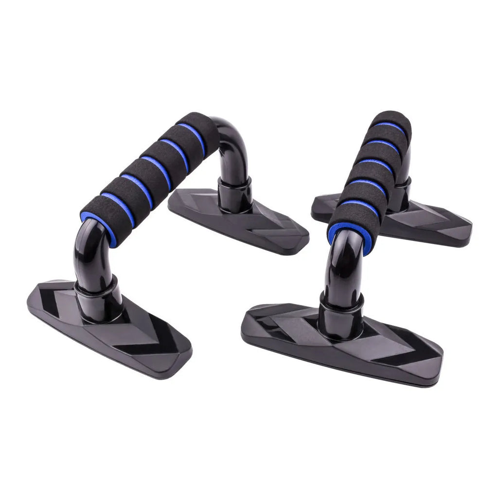 Pair of I-shaped push up bars with diamond pattern textured handles in blue colour for home strength training
