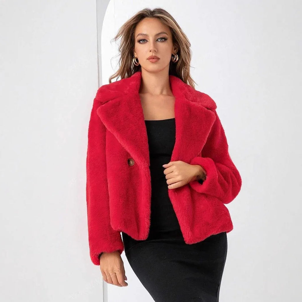 Women's faux fur coat in rose red with regular sleeves and loose fit