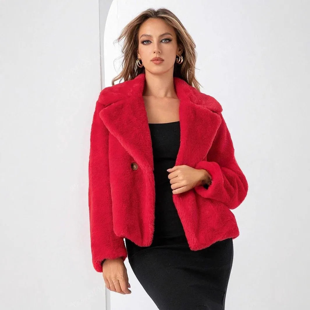 Women's faux fur coat in rose red with regular sleeves and loose fit