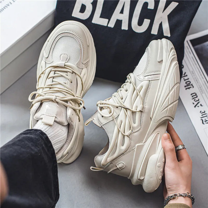 Men's beige mesh sneakers with round toe design and lace-up front fastening
