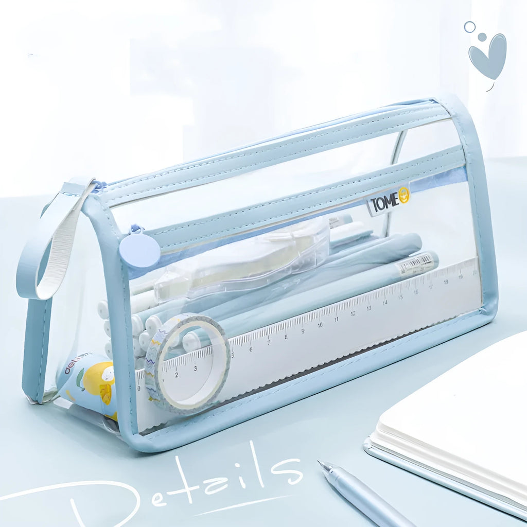 Large transparent double-layer pencil case in blue showing internal compartments, dimensions 220x110x80mm.
