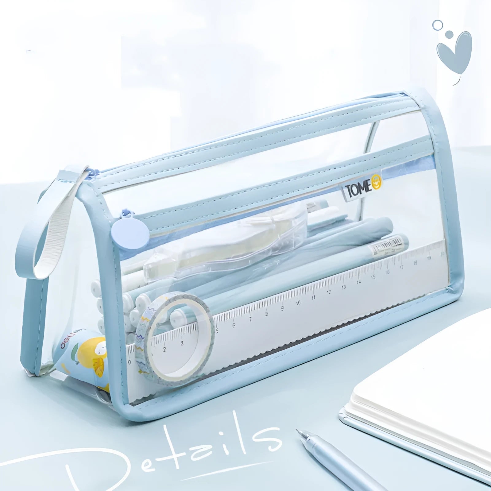 Large transparent double-layer pencil case in blue showing internal compartments, dimensions 220x110x80mm.